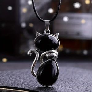 NWT Purrfect Gemstone Obsidian Silver Tone Cat Pendant with Necklace!